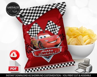 May include: Printable red and black checkered chip bag with a cartoon image of Lightning McQueen from Cars, a checkered flag, and the text "Happy Birthday!"