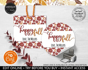 Editable Happy Fall Tags Thanksgiving Gift Tags Printable Pumpkin Labels Thanksgiving Treat Tags Autumn Favor Tags Fall Cookie Cards 4 TF