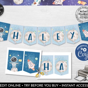 Outer Space Banner Editable Astronaut Pennant Banner Printable Galaxy Solar System Trip Around the Sun Planets Boy Party Decor Template AOS