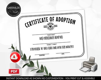 Adoption Certificate Pet Adoption Animal Adoption Certificate Pet Birthday Party Supplies Printable Digital Download