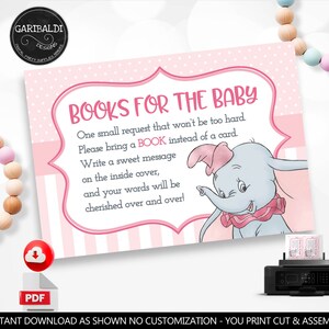 Pink Dumbo Books for Baby Request Card Pink Baby Book Request Insert Card Pink Elephant Bring a Book Card Pink Dumbo Baby Shower Party GDP