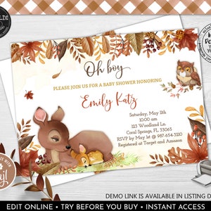 Editable Little Deer Baby Shower Invitation, Woodland Fall Baby Shower Invite, Autumn Baby Shower Invite, Fall Forest Baby Deer Invite BDA