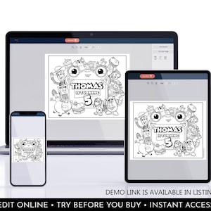 May include: A laptop, tablet, and smartphone displaying a black and white colouring page featuring various cartoon characters, the text "THOMAS IS TURNING 5", and a circular logo in the corner with the text "GARIBALDI DESIGNS" and "CORYL".