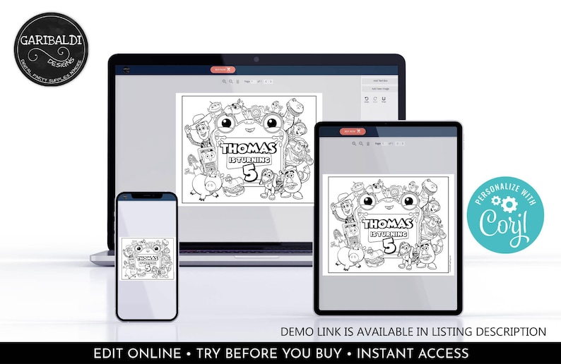 May include: A laptop, tablet, and smartphone displaying a black and white colouring page featuring various cartoon characters, the text "THOMAS IS TURNING 5", and a circular logo in the corner with the text "GARIBALDI DESIGNS" and "CORYL".