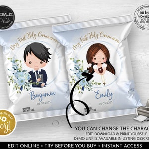 Puede incluir: Dos bolsas de aperitivos blancas con el texto "Mi Primera Comunión". Una bolsa presenta a un niño con cabello oscuro, la otra a una niña con cabello castaño. Ambas bolsas tienen detalles florales y los nombres "Benjamin" y "Emily".
