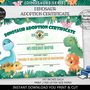 Adopt a Dinosaur Certificate Dinosaur Adoption Certificate Instant Download Dinosaur Birthday Party Supplies T-Rex Adoption Certificate DW1