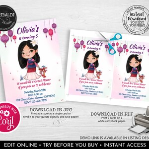 Editable Mulan Invitation Printable Mulan Birthday Party Invitation ...