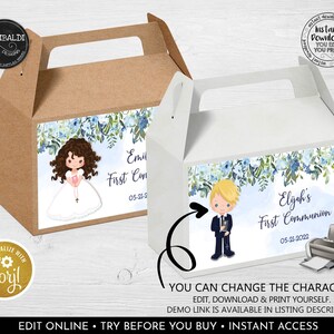 May include: Two favour boxes with blue watercolour floral designs. One box features a girl in a white dress and the text "Emily's First Communion 05-21-2022". The other box features a boy in a suit and the text "Elijah's First Communion 05-21-2022".