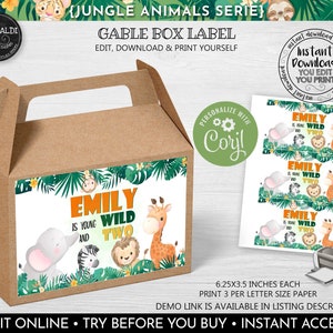 Safari Gable Box Labels Instant Download Jungle Gift Box Labels Editable Party Animals Gable Favor Box Printable Labels Wild Party Favor SJA