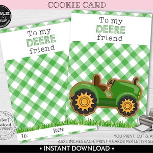 Valentine's Day Cookie Card To my Deere Friend Cookie Card Instant download Tractor Cookie Tag Printable Green Tractor Mini Cookie Card VL