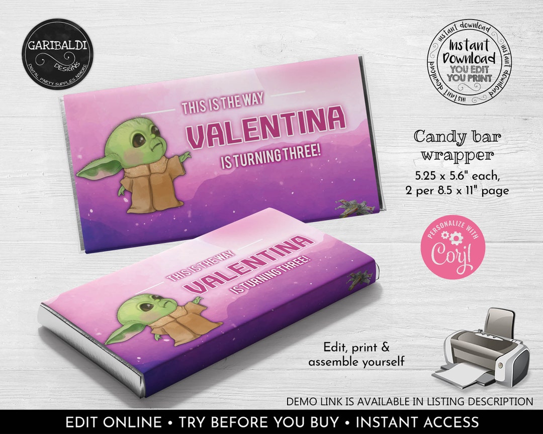 Editable Pink Yoda Candy Bar Wrapper Star Wars Baby Yoda Girl Chocolate ...