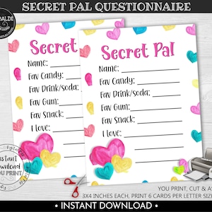 Valentine's Day Secret Pal Questionnaire, Printable Gift Exchange Wish List Form, Secret Pal Survey, My Favorite Things Gift Ideas Card VL