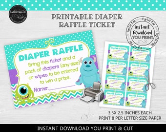 Monsters Diaper Raffle, Monsters Insert Card Diaper Raffle, Monsters Baby Shower, Monsters Insert Card Baby Shower, Monsters Baby