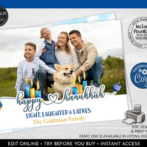 Editable Hanukkah Photo Card Happy Hanukkah Card Printable Hanukkah Greeting Card Instant Download Hanukkah Love Laughter Latkes Card 2 HK