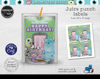 Editable Monsters Juice Box Labels Cute Monsters Juice Pouch Labels Instant download Monsters Party Supplies Printable Monsters Favors MINC