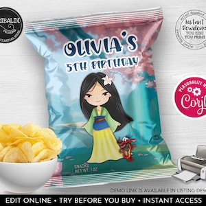 Editable Mulan Chip Bag Wrapper Printable Mulan Potato Chip Bag Template Instant download Mulan Birthday Party Favors Corjl DML