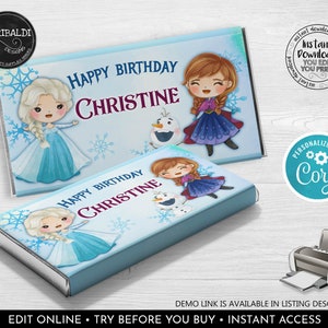 Frozen Candy Bar Wrapper Editable Frozen Chocolate Bar Wrapper Winter Princess Favors Snow Queen Frozen Birthday Party Decorations Corjl FRZ