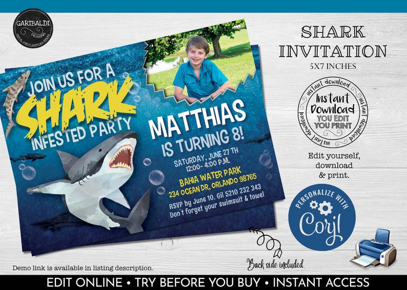 Editable Shark Birthday Party Invitation Printable Sharks - Etsy