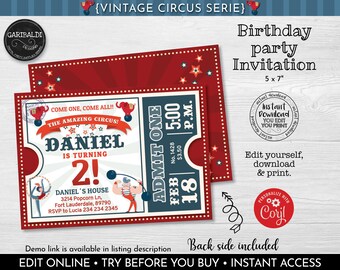 Editable Circus Invitation Printable Circus Ticket Birthday Invite Vintage Circus Invitation Carnival Invitation Circus Birthday Party VC01