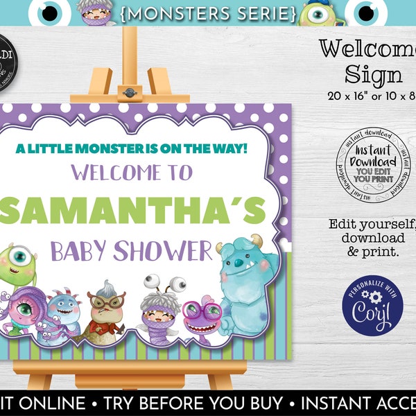 Editable Monsters Welcome Sign Instant Download Baby Monster Welcome Poster Board Monsters Baby Shower Sign Monster Party Decorations MINC