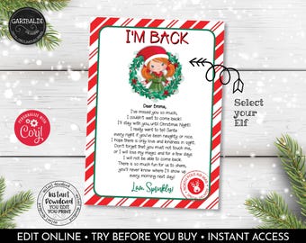 May include: A Christmas-themed printable letter with a red and white striped border. The letter features an illustration of an elf and the text "I'M BACK". The letter is addressed to "Emma" and includes a message from "Sprinkles".