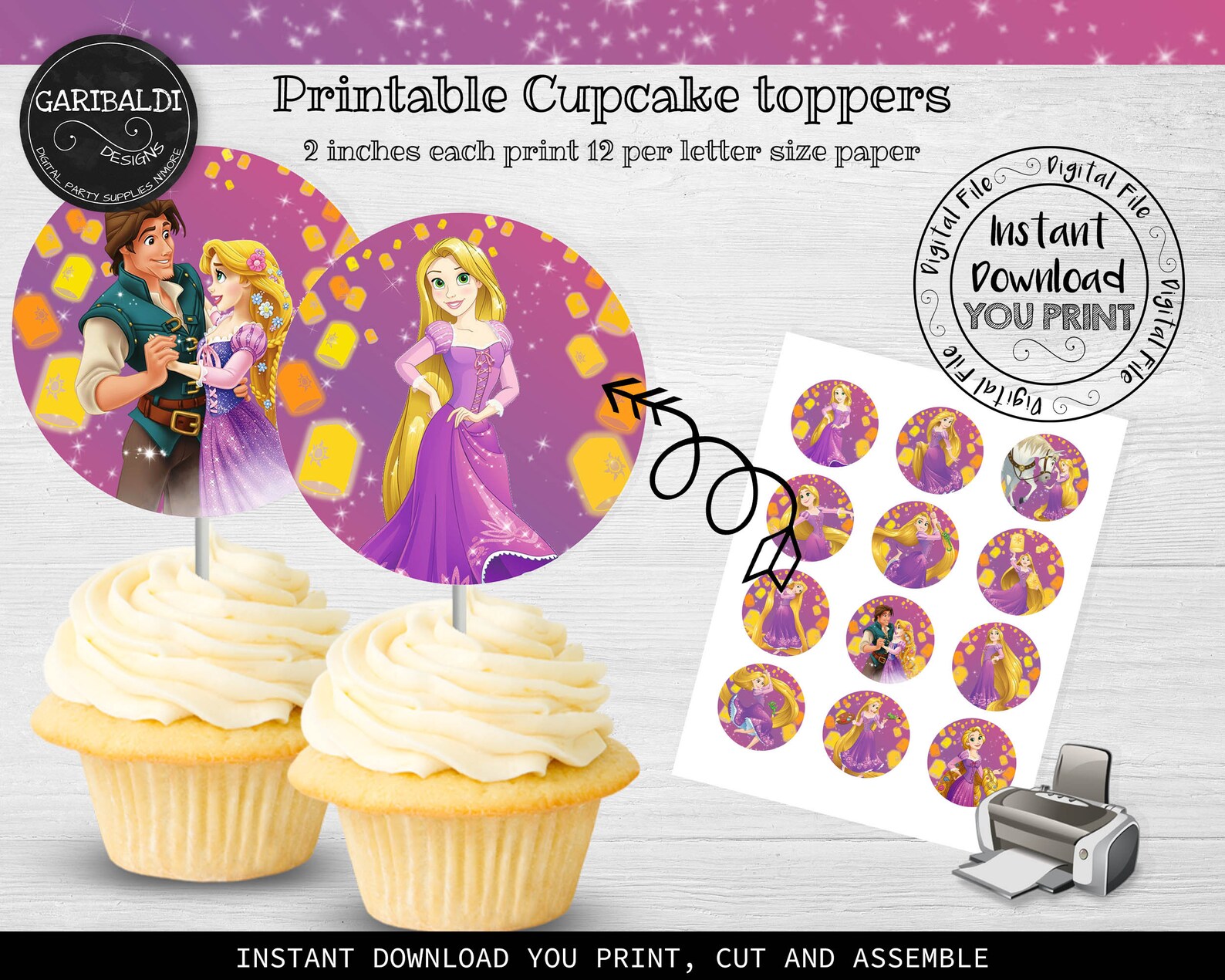 Rapunzel Cupcake Toppers Tangled Printable Cupcake Toppers | Etsy