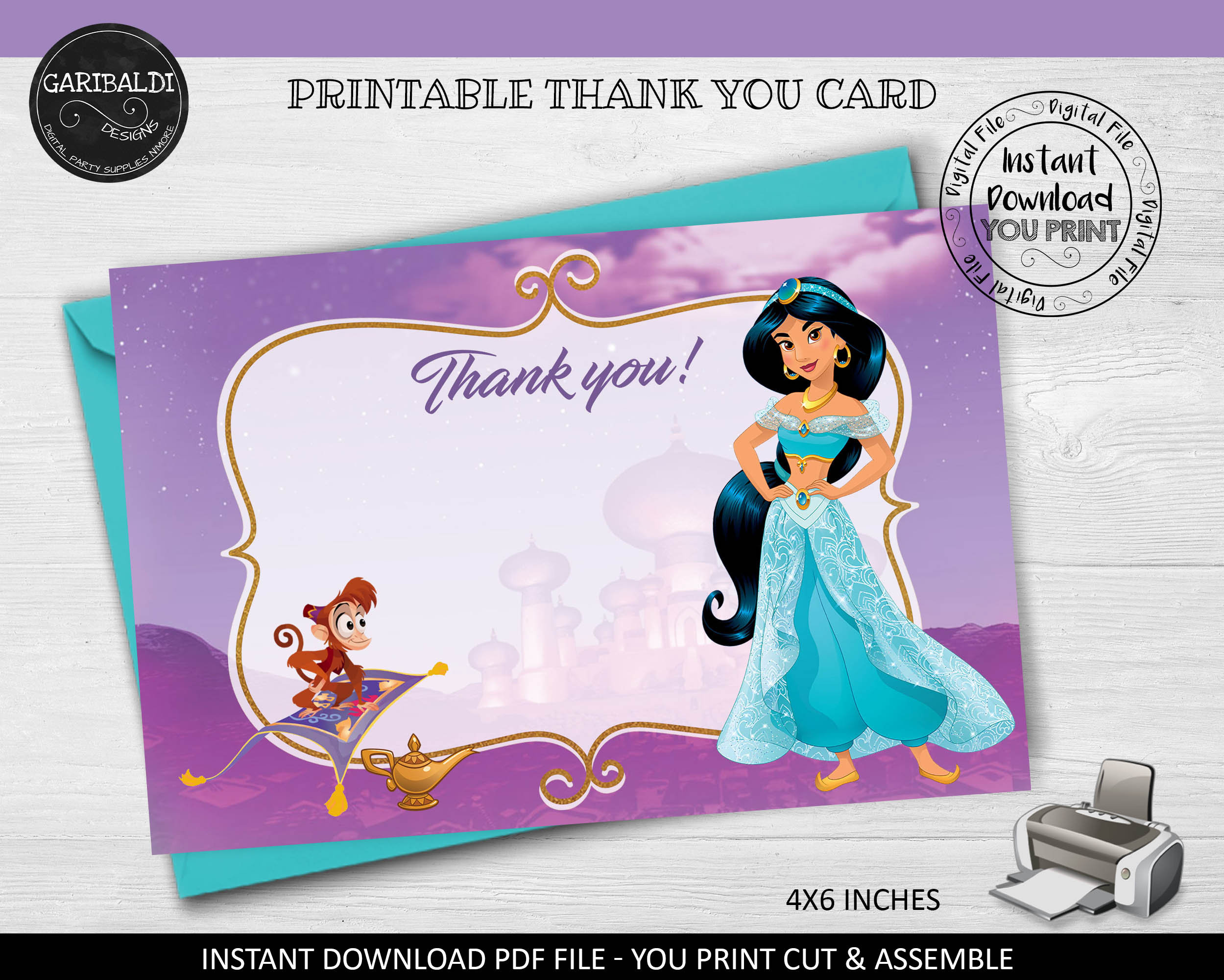 Printable Princess Jasmine Thank you card Jasmine Birthday | Etsy