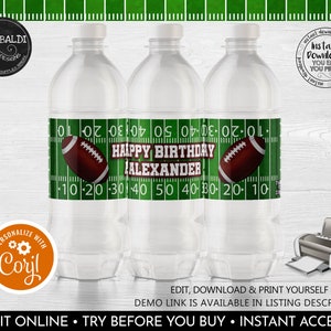 Editable Football Water Bottle Labels Printable American Football Party Decorations Football Party Favors Football Labels Corjl Template FBL