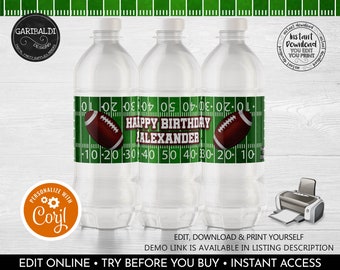 Editable Football Water Bottle Labels Printable American Football Party Decorations Football Party Favors Football Labels Corjl Template FBL
