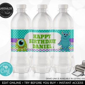 May include: Three clear plastic water bottles with labels featuring a green and blue monster character. The labels have a purple chevron pattern and white polka dots. The text on the labels reads "Happy Birthday Daniel".