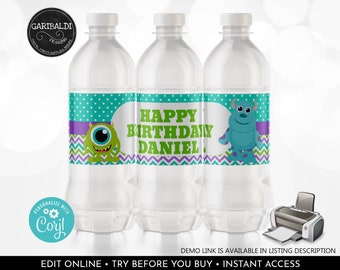 Editable Monsters Water Labels Little Monster Water Bottle Template Monsters Birthday Party Baby Shower Table Decor Digital Download DMI