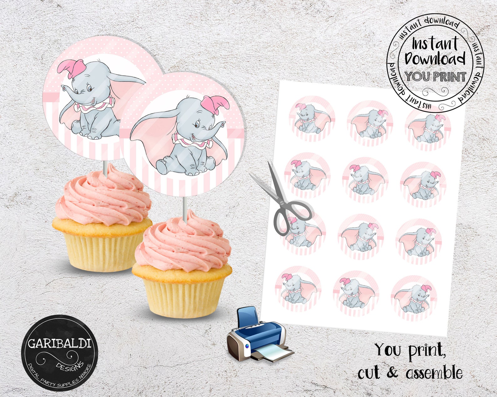 Printable Dumbo Cupcake Toppers Dumbo Pink Baby Shower Etsy