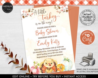 Editable Little Turkey on the way Invitation Turkey Baby Shower Fall Little Pumpkin Baby Shower Template Invite Thanksgiving Baby Shower LT