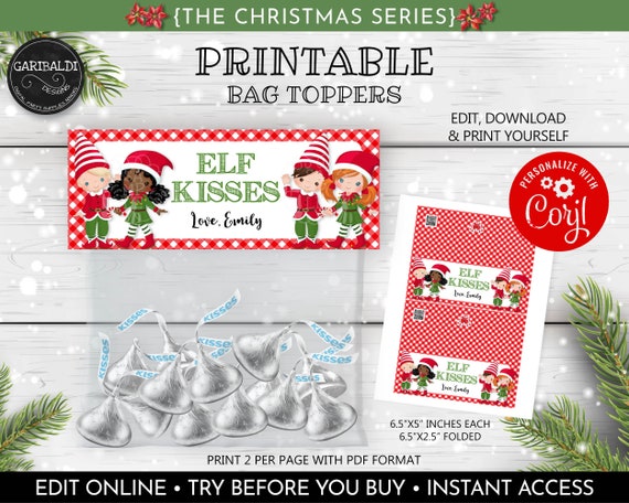 Printable Christmas Bag Topper. Editable Elf Kisses Bag