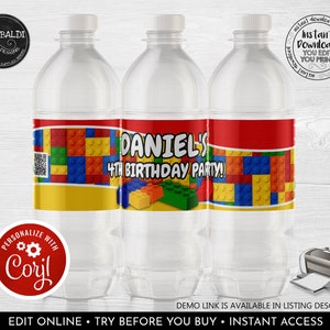 May include: Three clear plastic water bottles with red, yellow, and blue Lego-themed labels. The labels feature the text "Daniel's 4th Birthday Party!" and a Lego brick design. The labels are personalized with the text "Personalize with Coril".