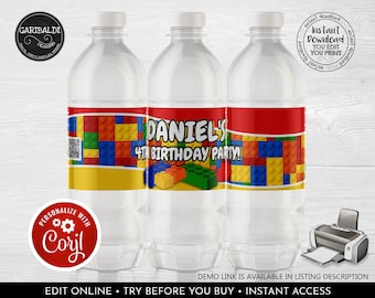 May include: Three clear plastic water bottles with red, yellow, and blue Lego-themed labels. The labels feature the text "Daniel's 4th Birthday Party!" and a Lego brick design. The labels are personalized with the text "Personalize with Coril".