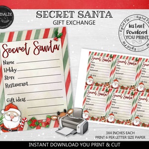 Secret Santa Questionnaire Card Secret Santa Printable Cards Secret Santa Gift Exchange Wish List Form Gift Exchange Wish List Info Card SSC