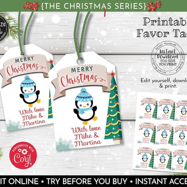 Editable Christmas Favor tags Instant Download Christmas Gift tags Penguin Gift tags Holidays Penguin Favor tags Christmas Winter Tags CH20