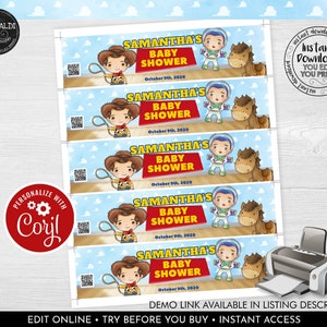 May include: Five printable labels for a baby shower. The labels feature a cartoon image of Woody from Toy Story and Buzz Lightyear. The labels are red, blue, yellow, and white. The text on the labels reads "Samantha's Baby Shower" and "October 9th, 2020".