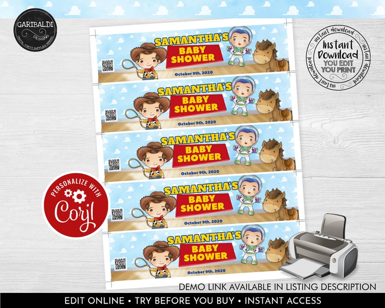 May include: Five printable labels for a baby shower. The labels feature a cartoon image of Woody from Toy Story and Buzz Lightyear. The labels are red, blue, yellow, and white. The text on the labels reads "Samantha's Baby Shower" and "October 9th, 2020".