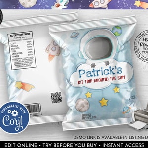 May include: A blue and white printable chip bag design featuring a cartoon astronaut with a space helmet and the text "Patrick's 1st Trip Around The Sun". The design also includes stars, planets, and a comet.