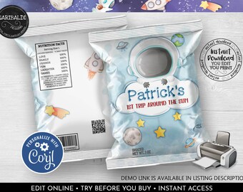 May include: A blue and white printable chip bag design featuring a cartoon astronaut with a space helmet and the text "Patrick's 1st Trip Around The Sun". The design also includes stars, planets, and a comet.