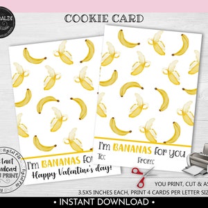 Valentine's Day Cookie Card, I am Bananas for you Valentine Cookie Card, Instant download Banana Gift Tag, Printable Mini Cookie Card VL