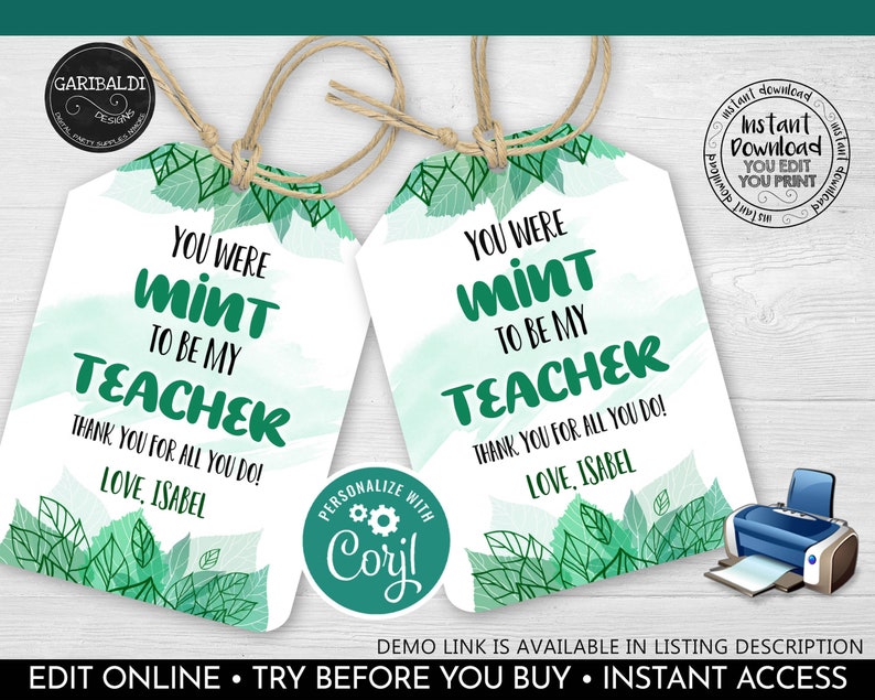 Editable Mint Teacher Tags Printable Mint Tags Thank You - Etsy