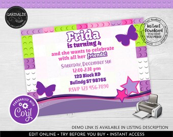 Editable Girl Building Blocks Invitation Pastel Building Blocks Birthday Party Building Blocks Printable Invite Building Bricks Party BKG