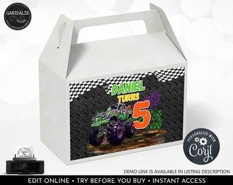 Monster Truck Gable Box Label Editable Monster Truck Party Favors Monster Truck Gift Box Tag Race Truck Birthday Party Decor Printable MT