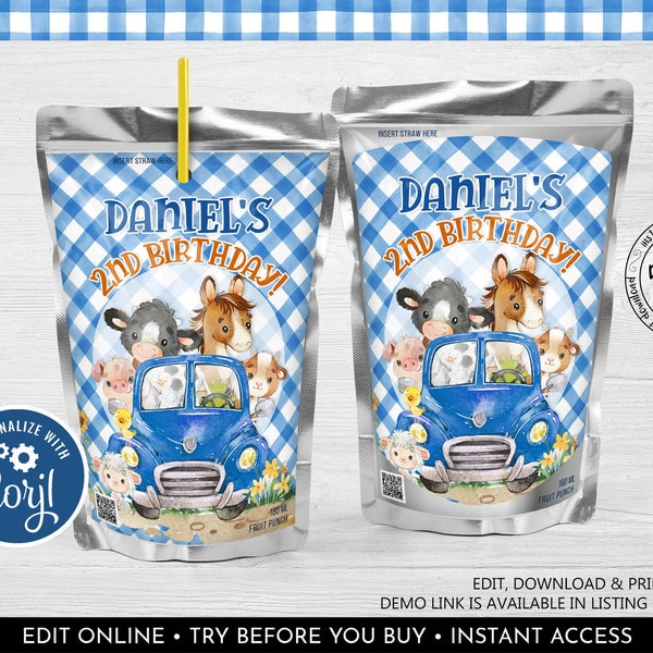 Editable Blue Truck Juice Pouch Labels Template, Farm Animals Juice Box Labels, Printable Farm Animals Petting Zoo Birthday Party Labels LBT