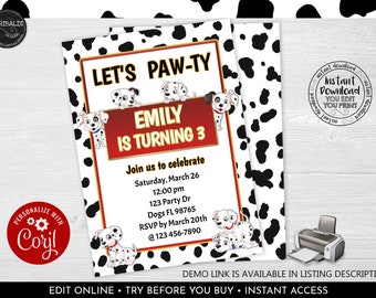 Könnte beinhalten: Druckbare Einladung zu einer Geburtstagsfeier im Dalmatiner-Thema mit rotem und goldenem Rand. Die Einladung lautet "Let's Paw-ty Emily wird 3 Jahre alt". Sie enthält Details zur Party, einschließlich Datum, Uhrzeit, Adresse und RSVP-Informationen.