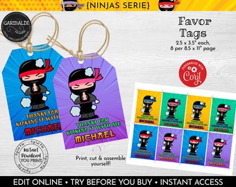 Editable Ninja Favor Tags, Ninja Gift Tags, Instant Download Ninja Thank you Tags, Ninja Birthday Party Supplies, Martial Arts Party 1 NJA