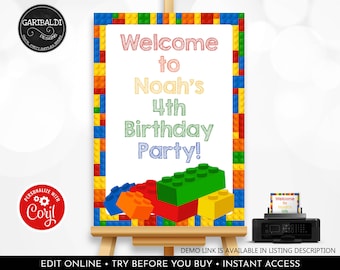 Editable Building Blocks Welcome Sign Building Blocks Birthday Party Decorations Printable Building Bricks Party Supplies A1 BKBC